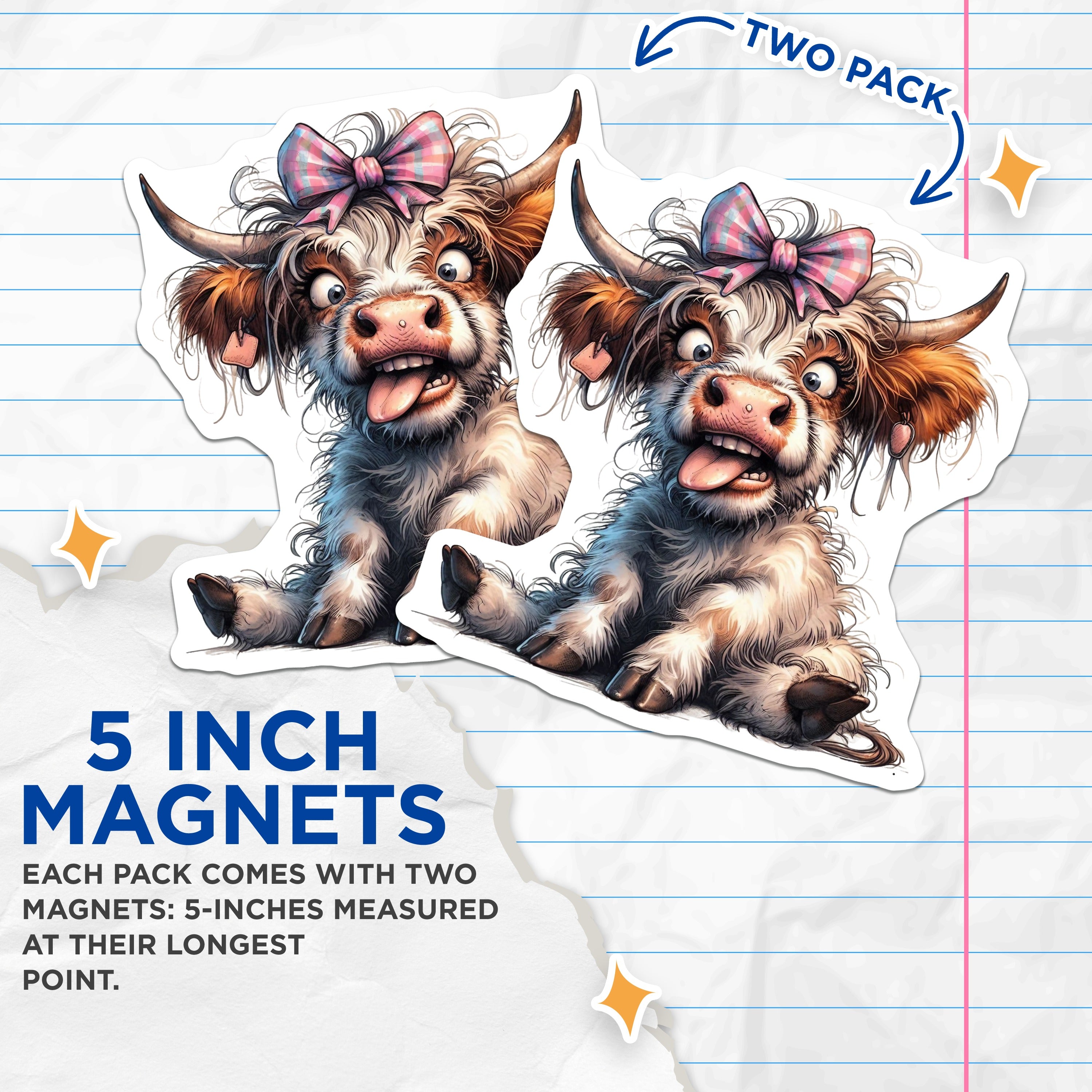 (2 Pack) Goofy Highland Cow Magnets - Cute Fluffy Calf Decor - Funny Farm Animal Refrigerator Locker Magnet - 5 Inches On Longest Side - Thick Durable Magnet - Made in USA - MAG39373
