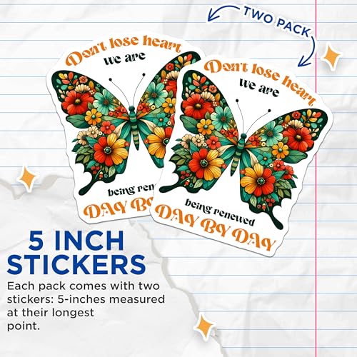(2 Pack) Inspirational Floral Butterfly Stickers - Motivational Quote - Vibrant Flower Design - 5" On Longest Side - Sticks to Smooth Flat Surfaces - Made in USA - BMCS9737