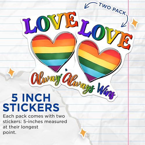 (2 Pack) Love Always Wins Stickers - Rainbow Heart - LGBTQ Pride - 5" On Longest Side - Sticks to Smooth Flat Surfaces - Made in USA - BMCS8287