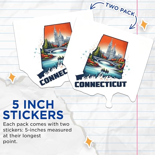 (2 Pack) Connecticut Travel Stickers - State Souvenir Stickers - Connecticut Landmarks Stickers - 5" On Longest Side - Sticks to Smooth Flat Surfaces - Made in USA - BMCS4815