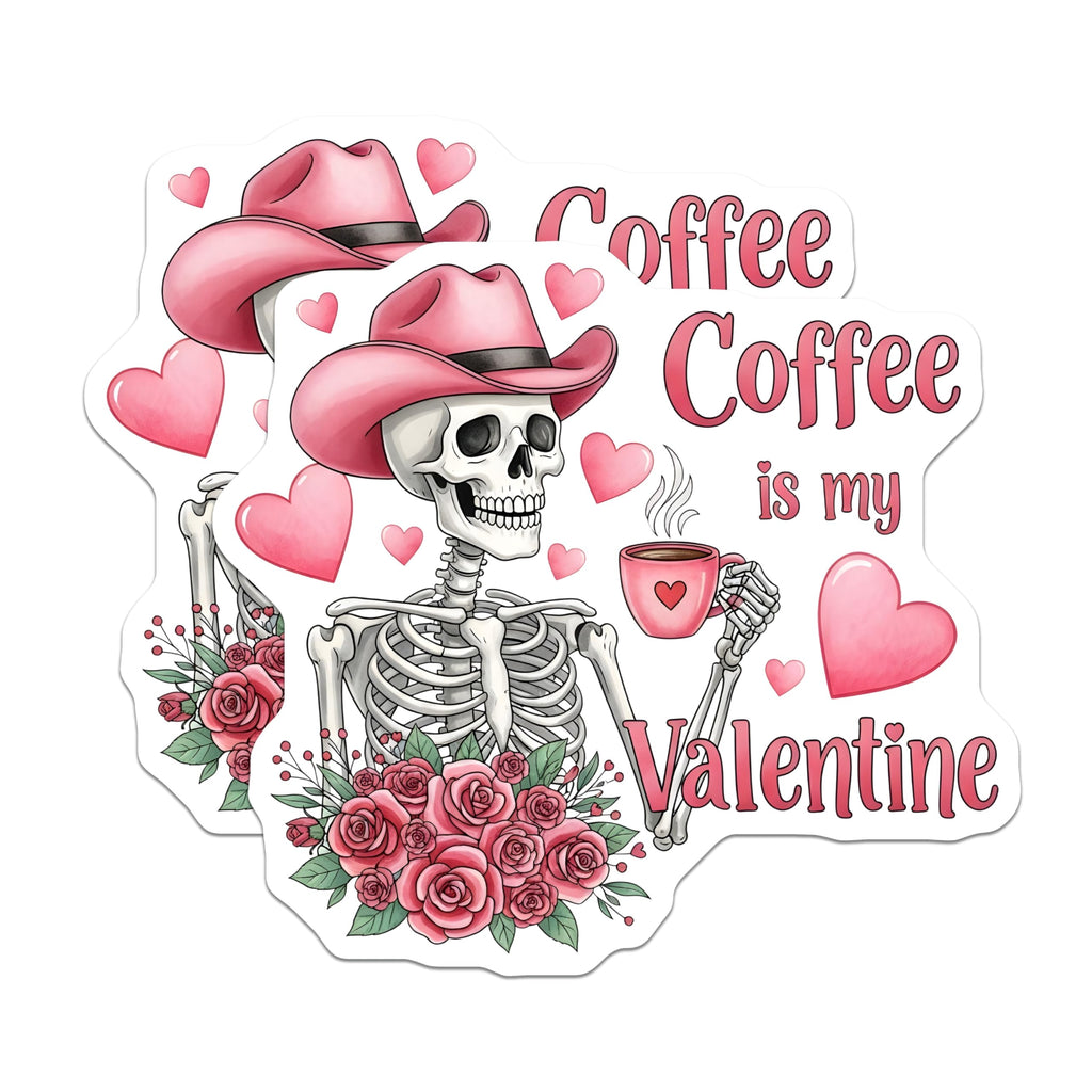 (2 Pack) Skeleton Valentine Magnets - Coffee Lover Decor - Pink Cowgirl Skeleton - Valentines Day Accents - 5 Inches On Longest Side - Thick Durable Magnet - Made in USA - MAG19237