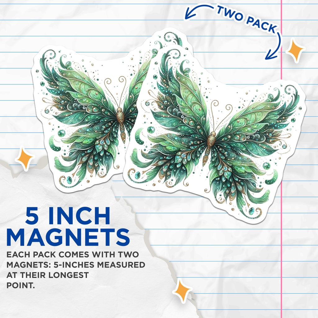 (2 Pack) Enchanted Emerald Butterfly Magnets - Fairy Garden Decor - Whimsical Botanical Art - Fridge Locker Accent - 5 Inches On Longest Side - Thick Durable Magnet - Made in USA - MAG36905
