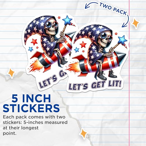 (2 Pack) Let's Get Lit Stickers - Skeleton Wizard - Patriotic Rocket - Funny Spellcaster Design - Unique Celebration - 5" On Longest Side - Sticks to Smooth Flat Surfaces - Made in USA - BMCS7927