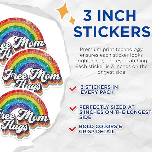 (3 Pack) Free Mom Hugs Decals - Rainbow Stickers - Loving Mother Decor - 3 Inches On Longest Side - Easy Peel & Apply - Made in USA - 3MCS0575