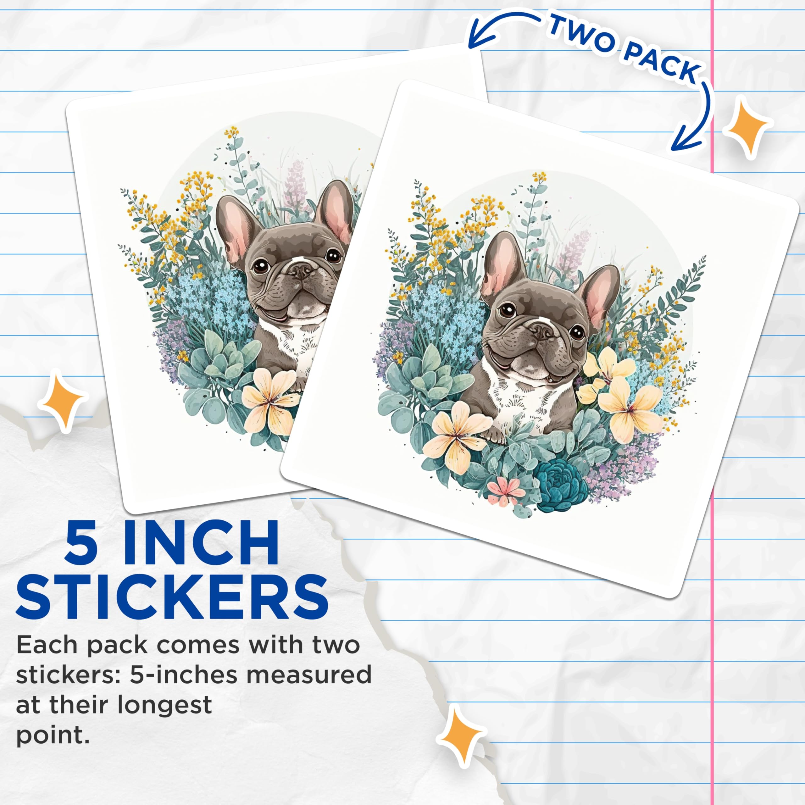(2 Pack) French Bulldog Stickers - Floral Dog Stickers - Cute Animal Stickers - 5" On Longest Side - Sticks to Smooth Flat Surfaces - Made in USA - BMCS14342