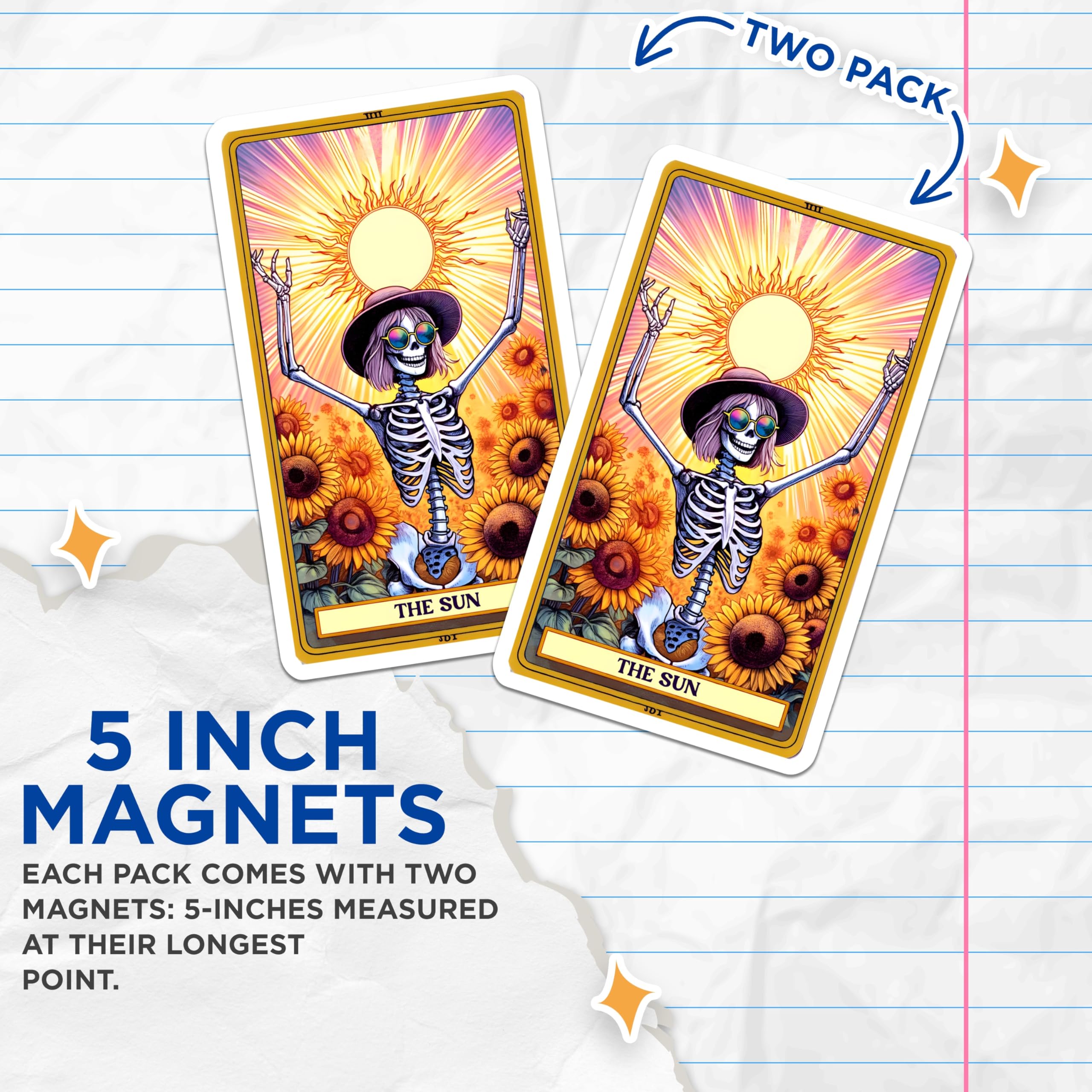 (2 Pack) Tarot Sun Card Magnets - Cheerful Skeleton Sunflowers - Hippie Witchy Spiritual Decor - 5 Inches On Longest Side - Thick Durable Magnet - Made in USA - MAG22307