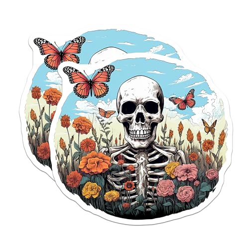 (2 Pack) Skeleton Floral Art Stickers - Butterfly Skull Stickers - Nature Inspired Stickers for Laptops and Water Bottles - 5" On Longest Side - Sticks to Smooth Flat Surfaces - Made in USA - BMCS4238