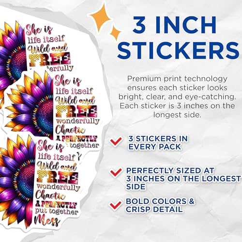 (3 Pack) Sunflower Quote Decals - Wild and Free - Colorful Laptop Decal - 3 Inches On Longest Side - Easy Peel & Apply - Made in USA - 3MCS6952