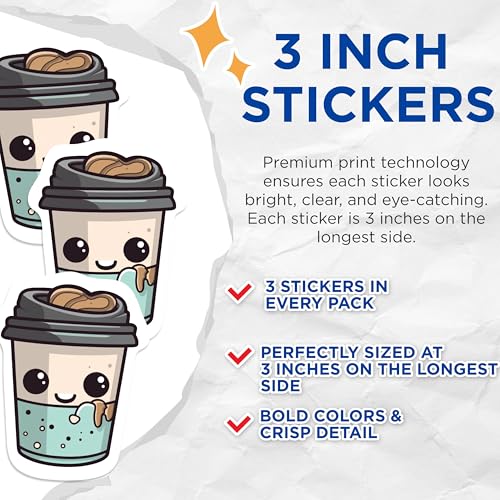 (3 Pack) Cute Coffee Decals - Kawaii Drink Stickers - Laptop Accessories - 3 Inches On Longest Side - Easy Peel & Apply - Made in USA - 3MCS1049