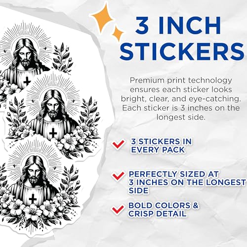 (3 Pack) Jesus Christ Decals - Floral Religious Stickers - Laptop Decal - 3 Inches On Longest Side - Easy Peel & Apply - Made in USA - 3MCS6084