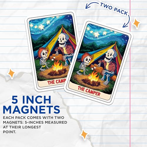 (2 Pack) Skull Camper Magnets - Camping-Themed Magnets - Skeleton Camping Scene - Fun Halloween Magnets - Unique Camping - 5" On Longest Side - for Cars, Fridges, Toolboxes - Made in USA - MAG4447