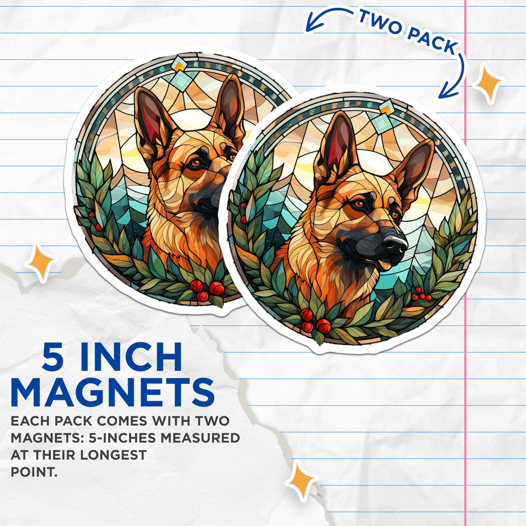 (2 Pack) German Shepherd Magnets - Stained Glass Dog Art - Pet Lover Refrigerator Decor - 5 Inches On Longest Side - Thick Durable Magnet - Made in USA - MAG28887