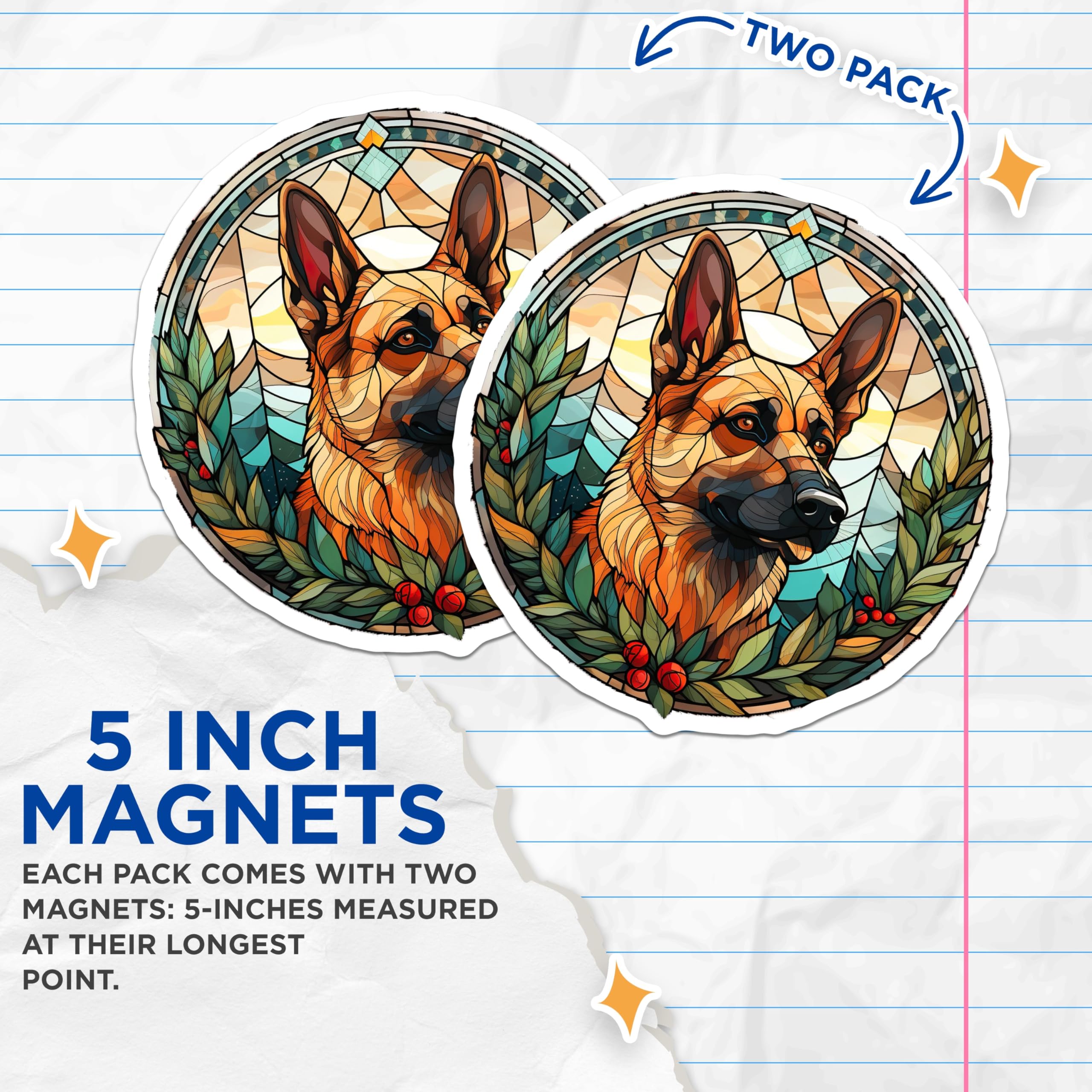 (2 Pack) German Shepherd Magnets - Stained Glass Dog Art - Pet Lover Refrigerator Decor - 5 Inches On Longest Side - Thick Durable Magnet - Made in USA - MAG28887