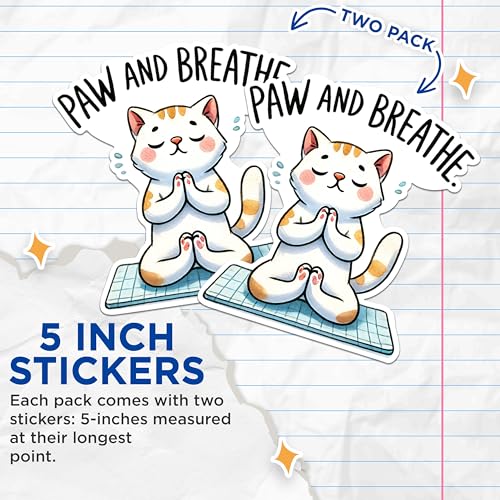 (2 Packs) Paw and Breathe Stickers - Meditating Meditation Cat Peaceful Zen Decals - 5 Inches On Longest Side - Premium Vinyl Decal - Sticks to Any Smooth Flat Surface - Made in USA - BMCS2417