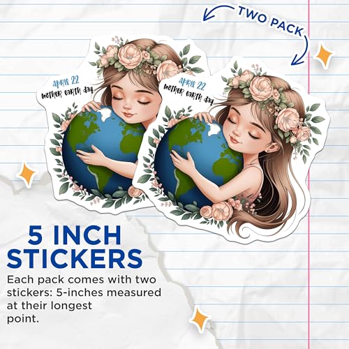 (2 Pack) Mother Earth Day Stickers - Cute Earth Hugging Girl - 5" On Longest Side - Sticks to Smooth Flat Surfaces - Made in USA - BMCS8453 - BMCS8453