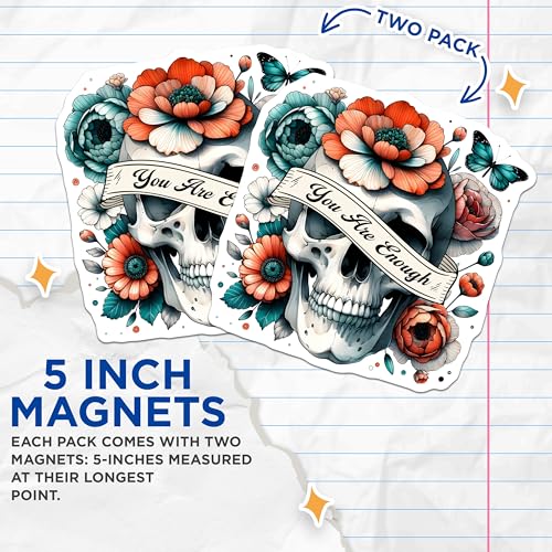 (2 Pack) Skull Flower Art Magnets - Inspirational Quote - Decor for Fridge or Office - 5" On Longest Side - for Cars, Fridges, Toolboxes - Made in USA - MAG7386