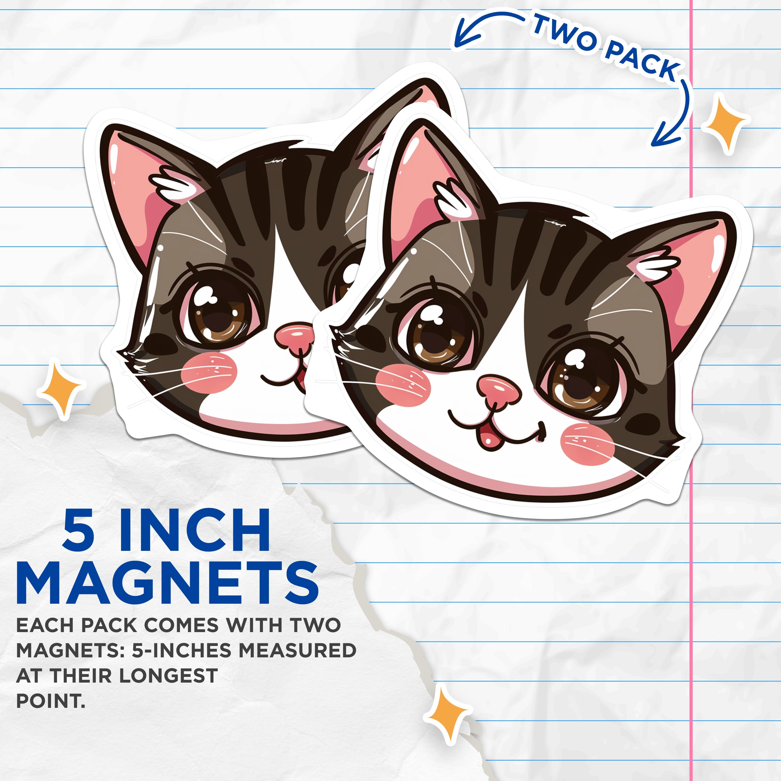 (2 Pack) Kawaii Cat Magnets - Cute Kitten Decor - Refrigerator Accents for Cat Lovers - 5 Inches On Longest Side - Thick Durable Magnet - Made in USA - MAG39900