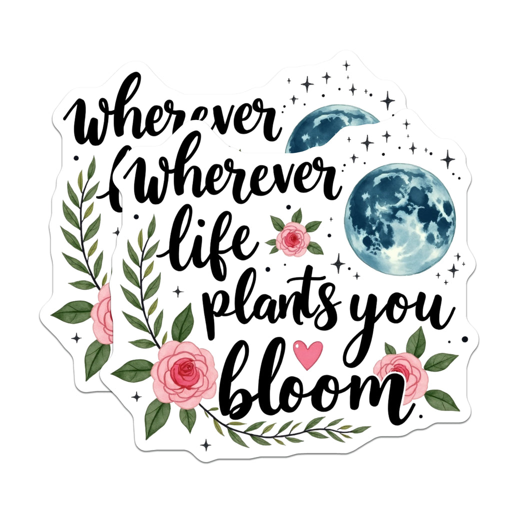 (2 Pack) Bloom Inspirational Magnets - Wherever Life Plants You Quote - Positive Affirmation Moon Floral Refrigerator Magnet - 5 Inches On Longest Side - Thick Durable Magnet - Made in USA - MAG38390