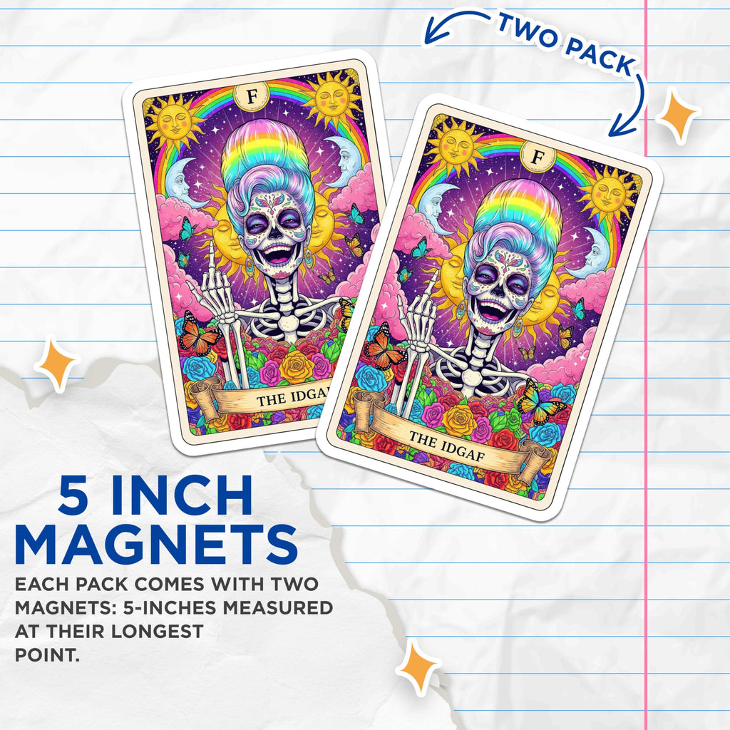 (2 Pack) Sugar Skull Tarot Card Magnets - Day of The Dead - Rainbow Hair Skeleton Decor - 5" On Longest Side - Premium Magnet - for Cars, Refrigerators, Toolboxes, Lockers - Made in USA - MAG16381