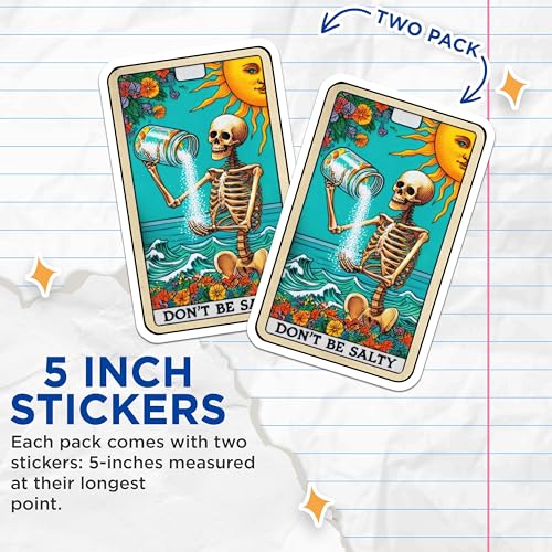 (2 Pack) Don't Be Salty Stickers - Skeleton Pouring Salt Sun Stickers - Funny Skeleton Ocean Stickers - 5" On Longest Side - Sticks to Smooth Flat Surfaces - Made in USA - BMCS4837