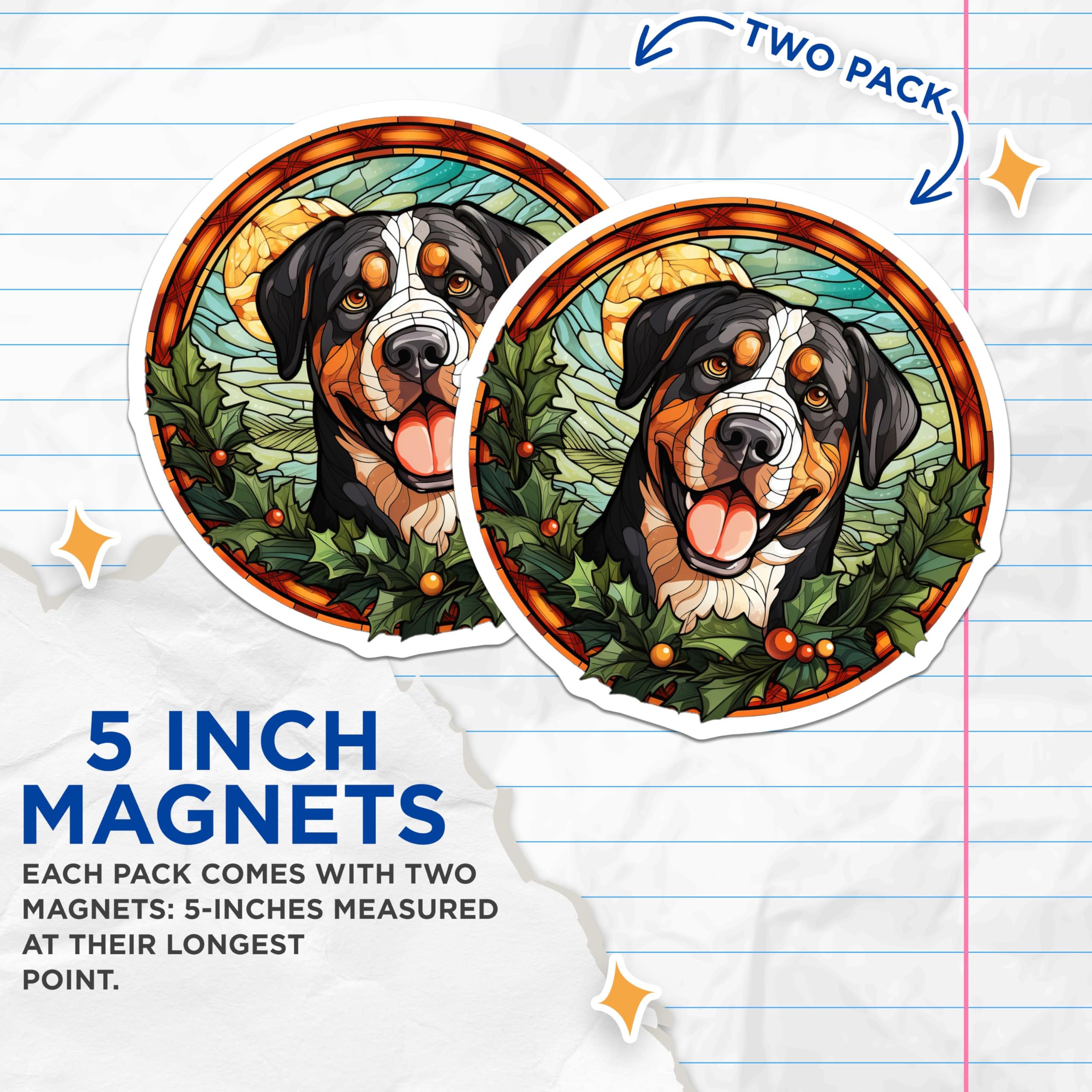 (2 Pack) Bernese Mountain Dog Magnets - Stained Glass Dog Art - Christmas Holiday Pet Decor - Berner Lover Fridge Display - 5 Inches On Longest Side - Thick Durable Magnet - Made in USA - MAG30041