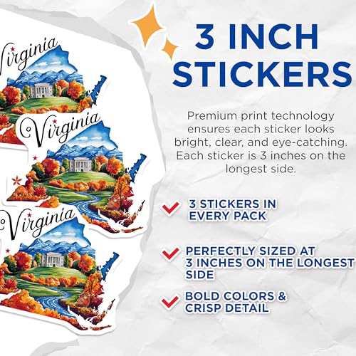 (3 Pack) Virginia Decals - Watercolor State Art - Laptop Decals- 3 Inches On Longest Side - Easy Peel & Apply - Made in USA - 3MCS5077