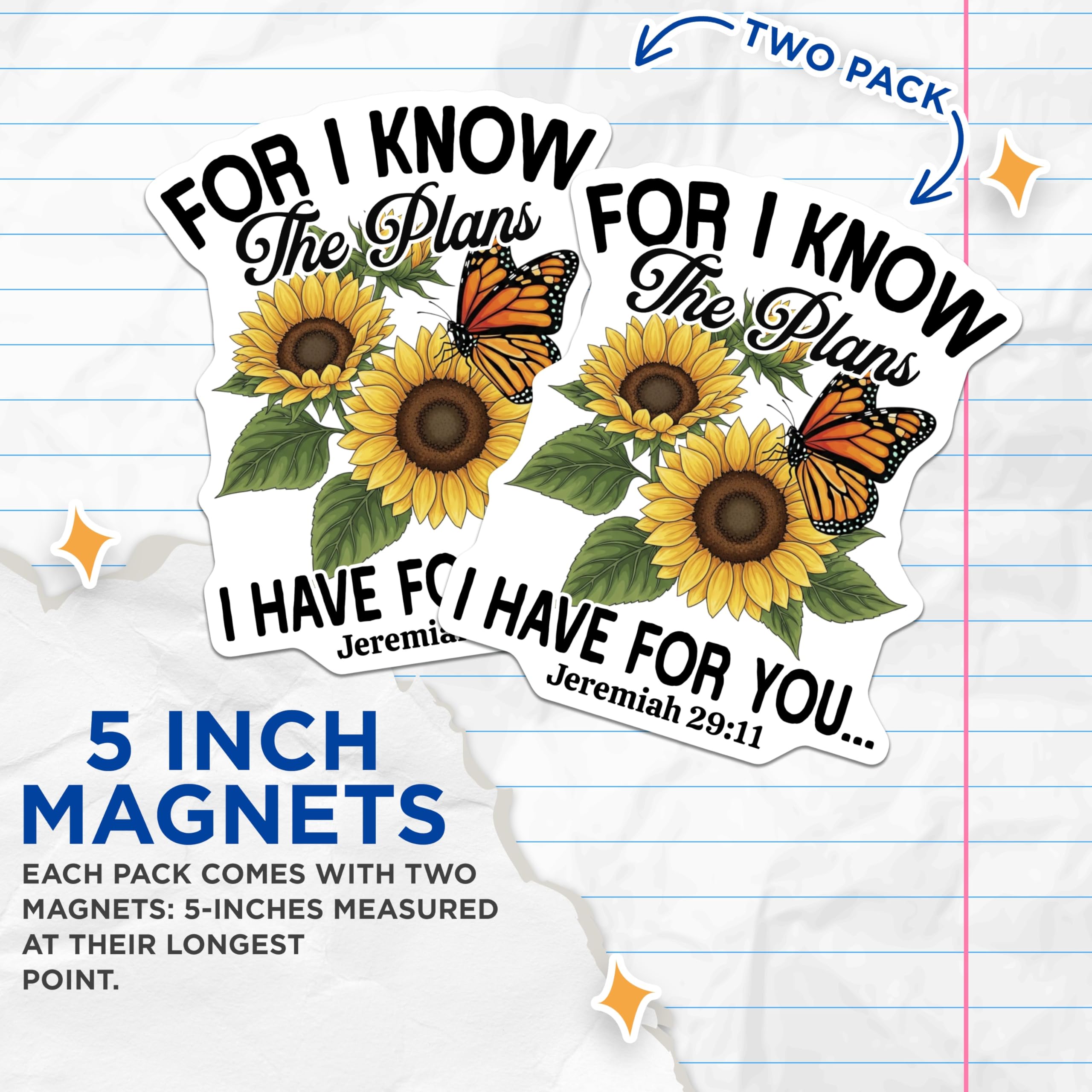 (2 Pack) Christian Magnets - Jeremiah 29:11 Sunflower Butterfly Art - Inspirational Scripture Decor - 5 Inches On Longest Side - Thick Durable Magnet - Made in USA - MAG21412