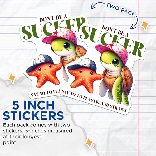 (2 Pack) Turtle and Starfish Stickers - Say No to Plastic - Environmental Awareness - 5" On Longest Side - Sticks to Smooth Flat Surfaces - Made in USA - BMCS7968