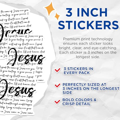 (3 Pack) Jesus Name Decals - Christian Quotes - Religious Laptop Decals - 3 Inches On Longest Side - Easy Peel & Apply - Made in USA - 3MCS1863