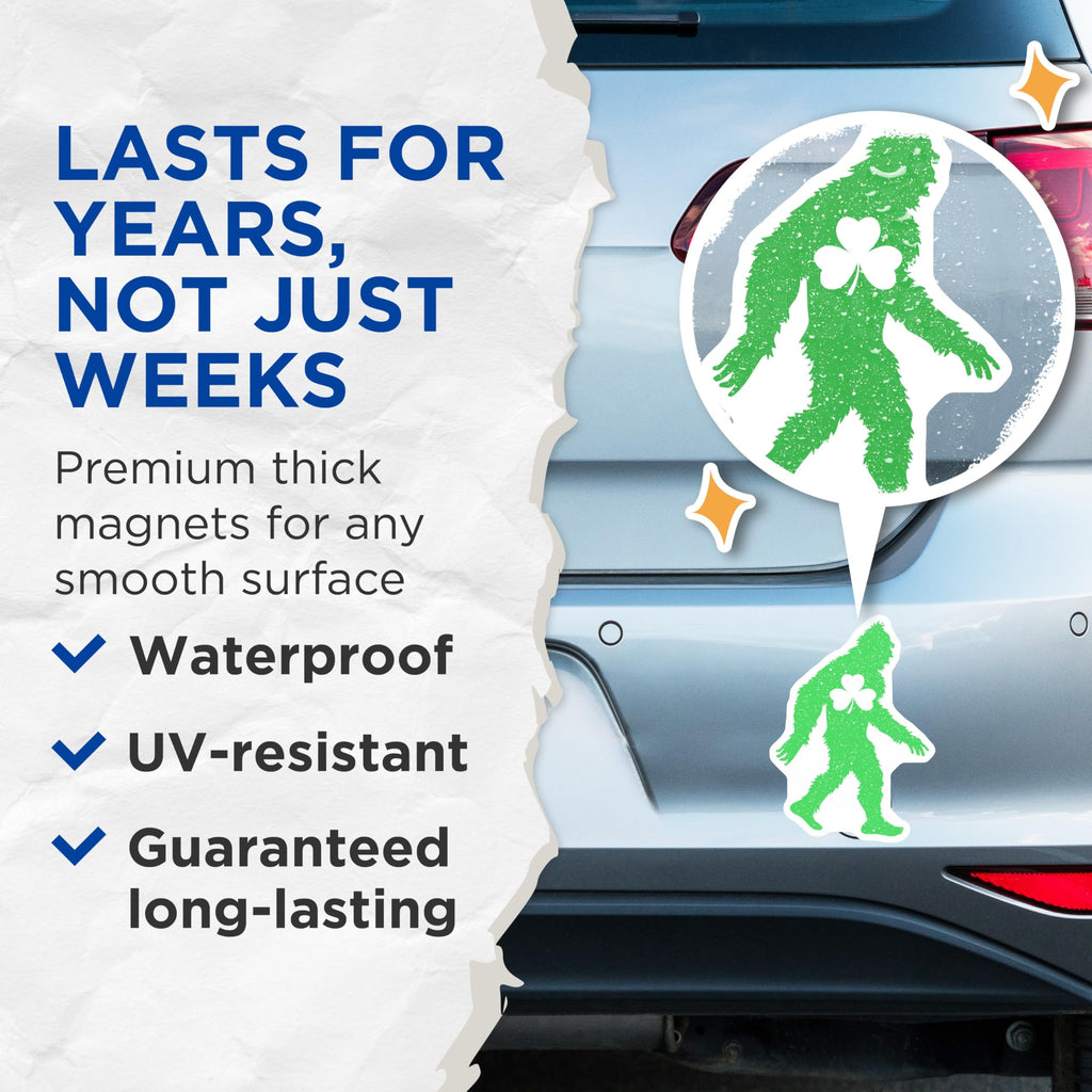 (2 Pack) Bigfoot Magnets - Shamrock St Patricks Day Decor - Irish Sasquatch - 5" On Longest Side - Premium Magnet - for Cars, Refrigerators, Toolboxes, Lockers - Made in USA - MAG17139
