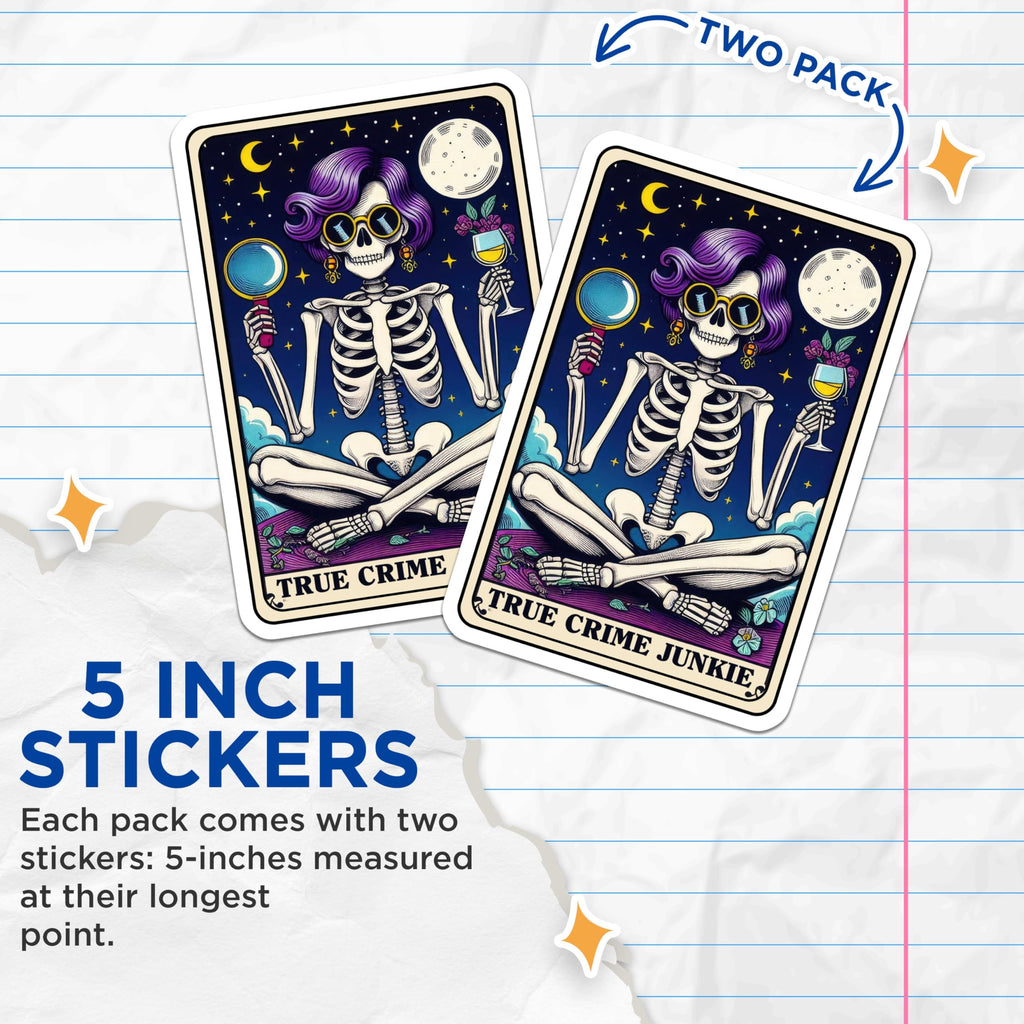 (2 Pack) True Crime Junkie Stickers - Skeleton Magnifying Glass Stickers - Dark Humorous Stickers for Laptops - 5" On Longest Side - Sticks to Smooth Flat Surfaces - Made in USA - BMCS4648