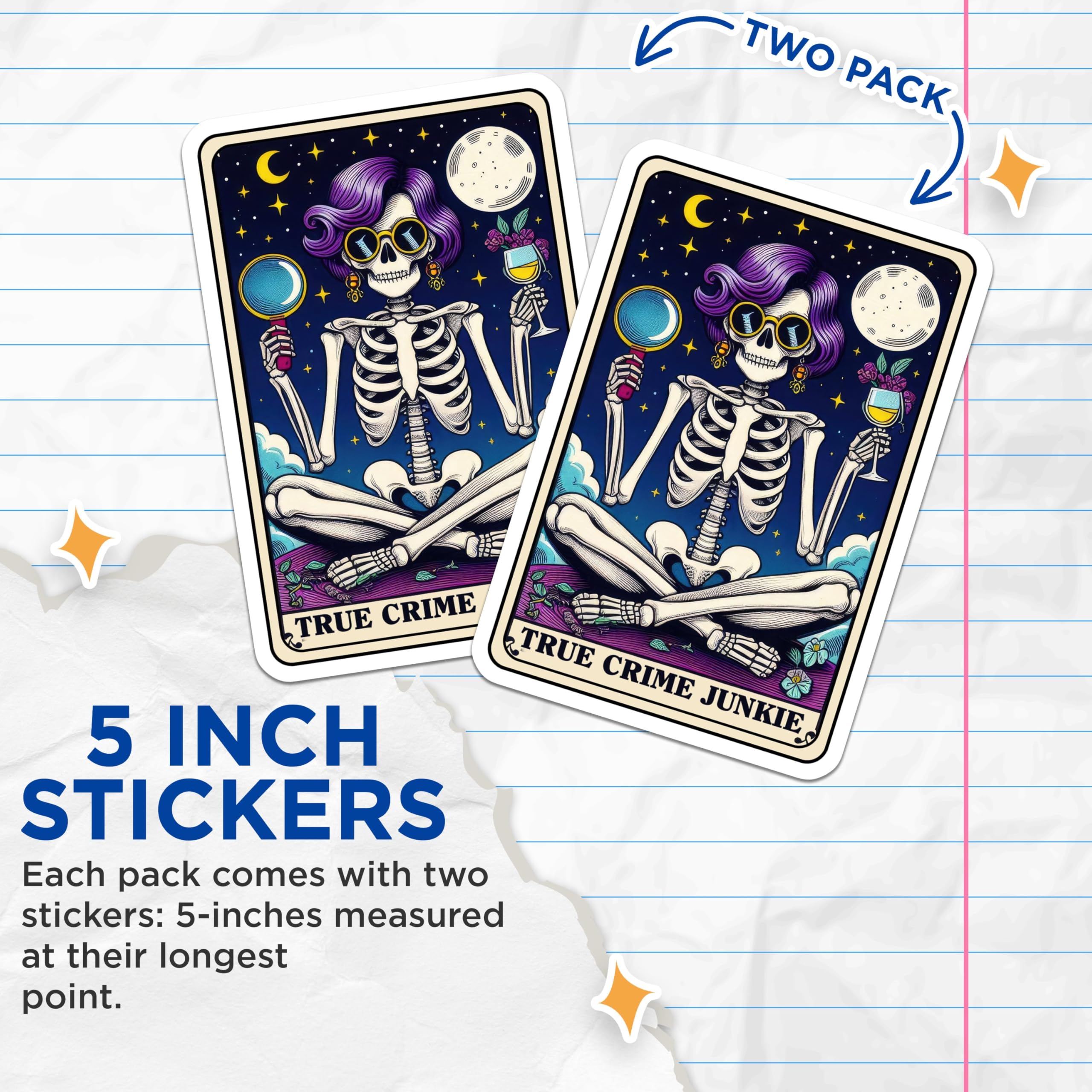 (2 Pack) True Crime Junkie Stickers - Skeleton Magnifying Glass Stickers - Dark Humorous Stickers for Laptops - 5" On Longest Side - Sticks to Smooth Flat Surfaces - Made in USA - BMCS4648