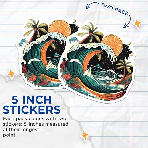 (2 Pack) Tropical Beach Wave Stickers - Summer Sunset - Surf Design - 5" On Longest Side - Sticks to Smooth Flat Surfaces - Made in USA - BMCS9256 - Artistic Beach Scene