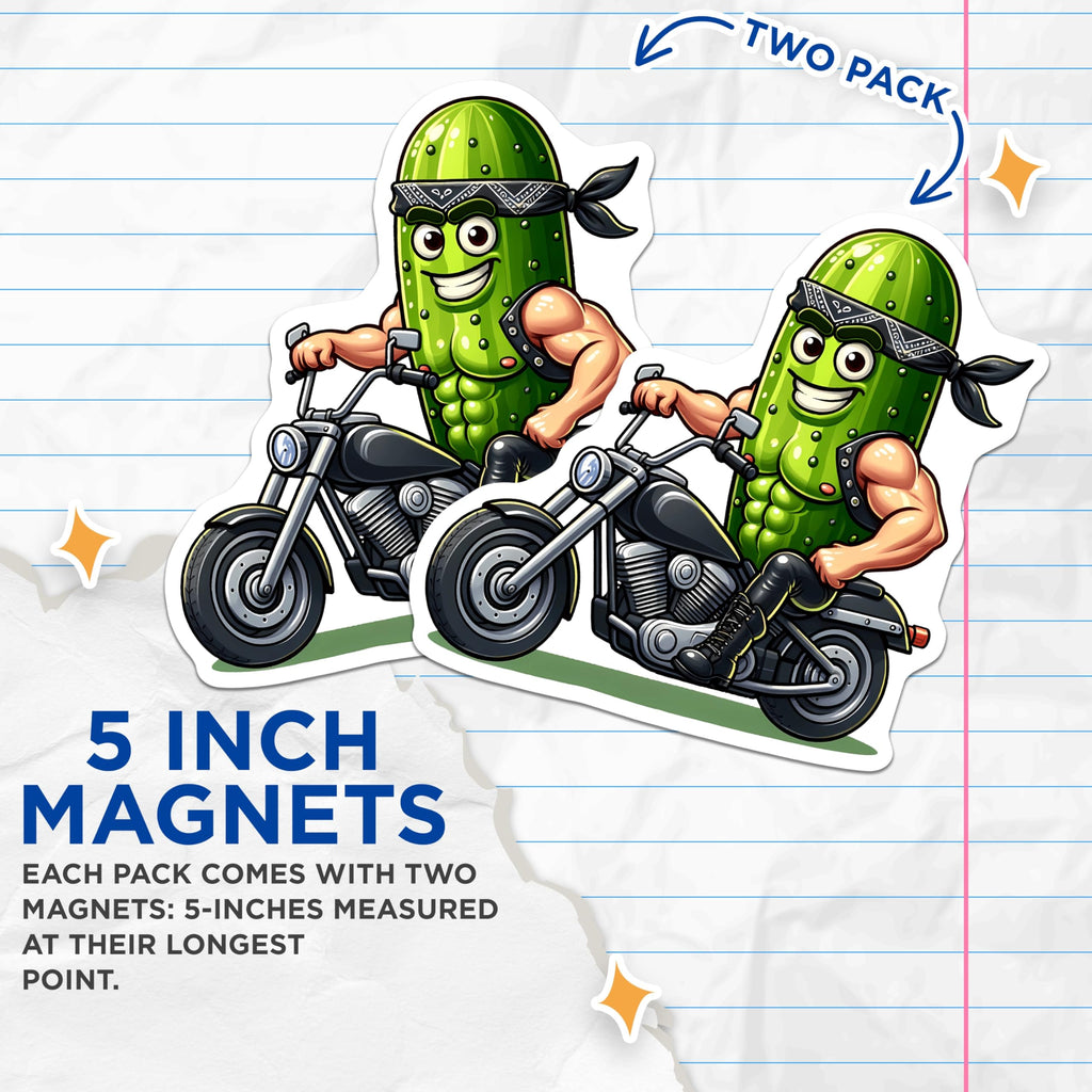 (2 Pack) Biker Pickle Magnets - Muscular Motorcycle Rider Fridge Decor - Funny Kitchen Novelty Accessory for Humor - 5 Inches On Longest Side - Thick Durable Magnet - Made in USA - MAG21663