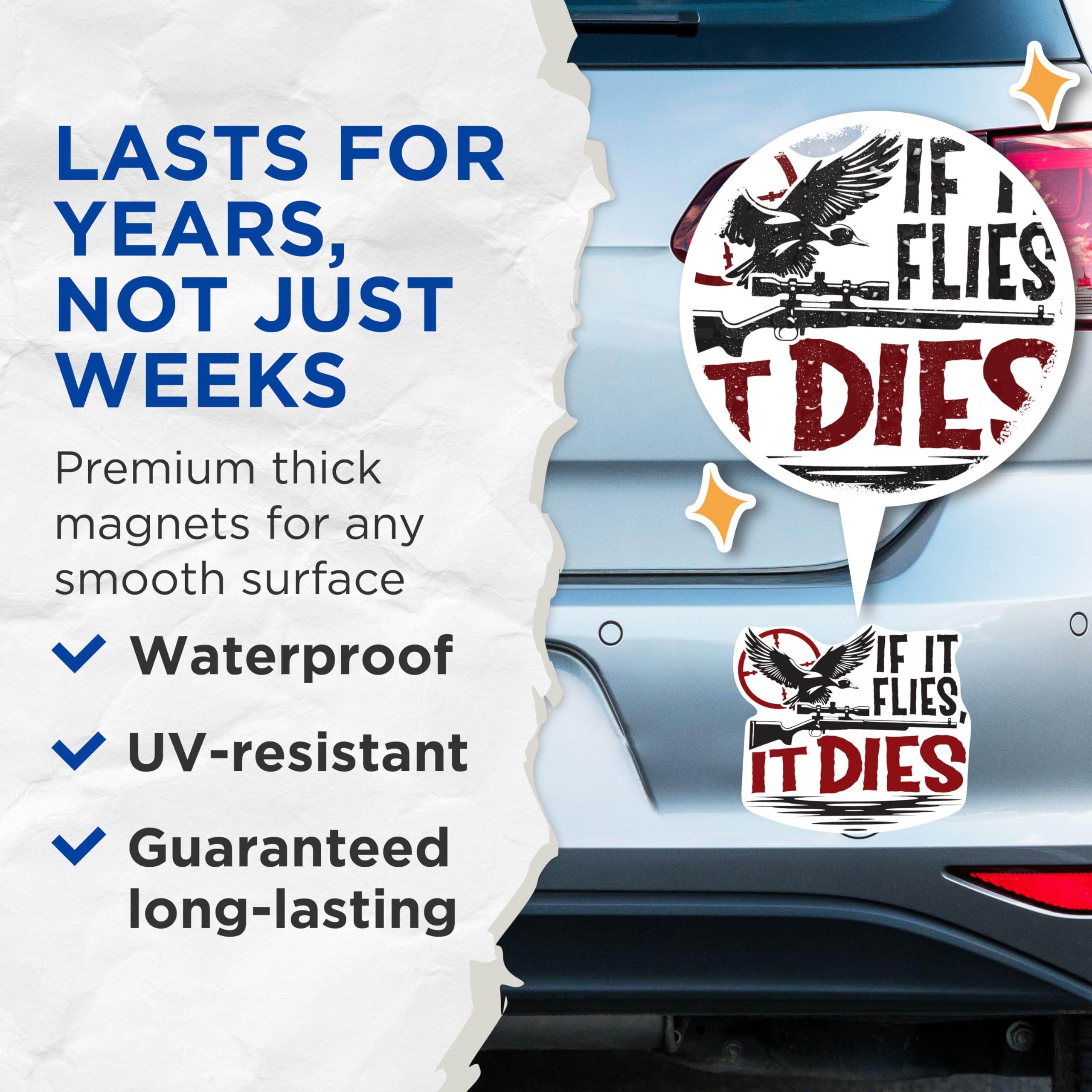 (2 Pack) If It Flies It Dies Magnets - Funny Duck Hunting Magnets - Outdoorsman - 5 Inches On Longest Side - Premium Magnet - for Cars, Refrigerators, Toolboxes - Made in USA - MAG2208
