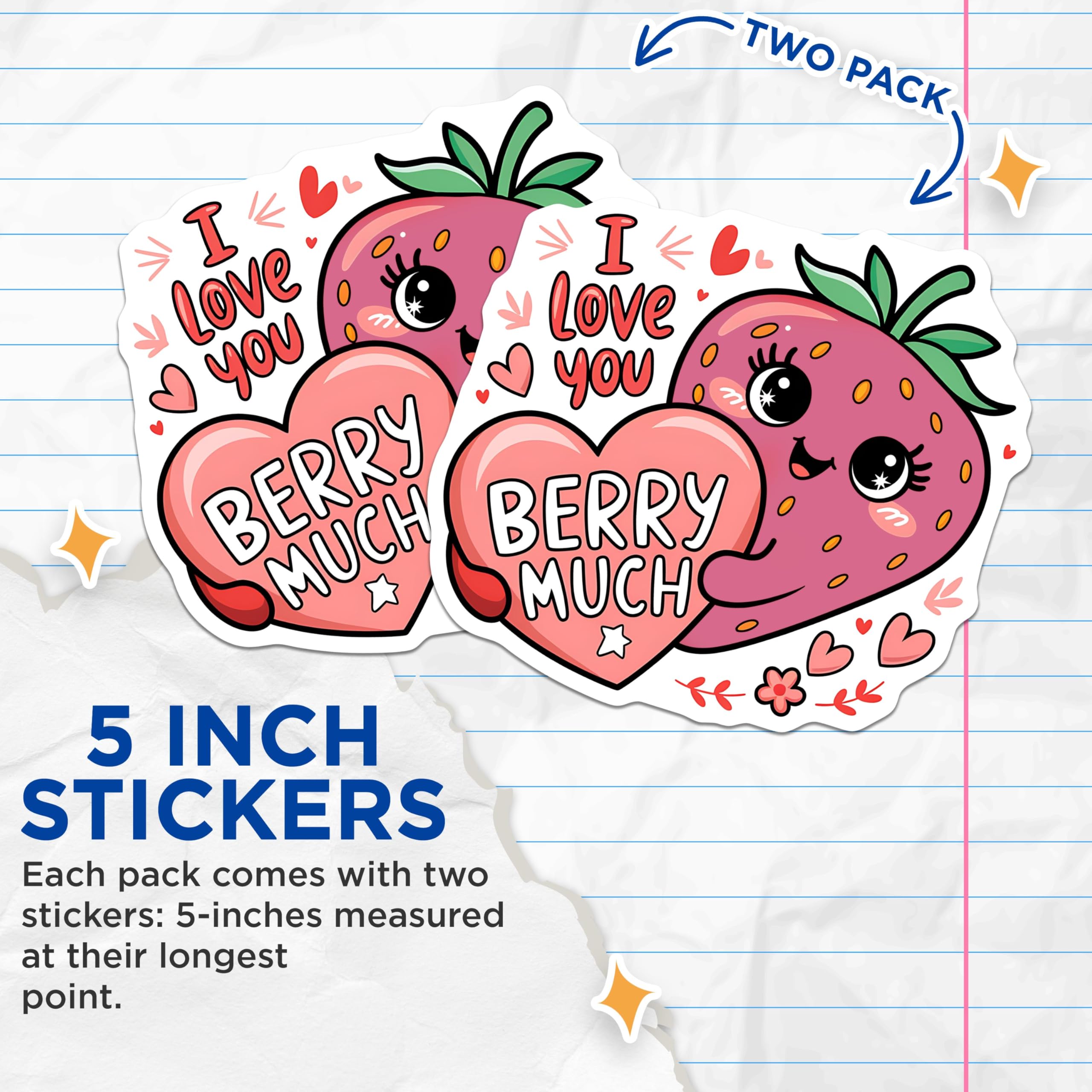 (2 Pack) I Love You Berry Much Stickers - Cute Strawberry Stickers - Adorable Heart Stickers - 5" On Longest Side - Sticks to Any Smooth Flat Surface - Made in USA - BMCS3500