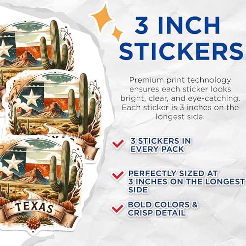 (3 Pack) Texas Decals - Lone Star State Stickers - Southwestern Laptop Decal- 3 Inches On Longest Side - Easy Peel & Apply - Made in USA - 3MCS5982