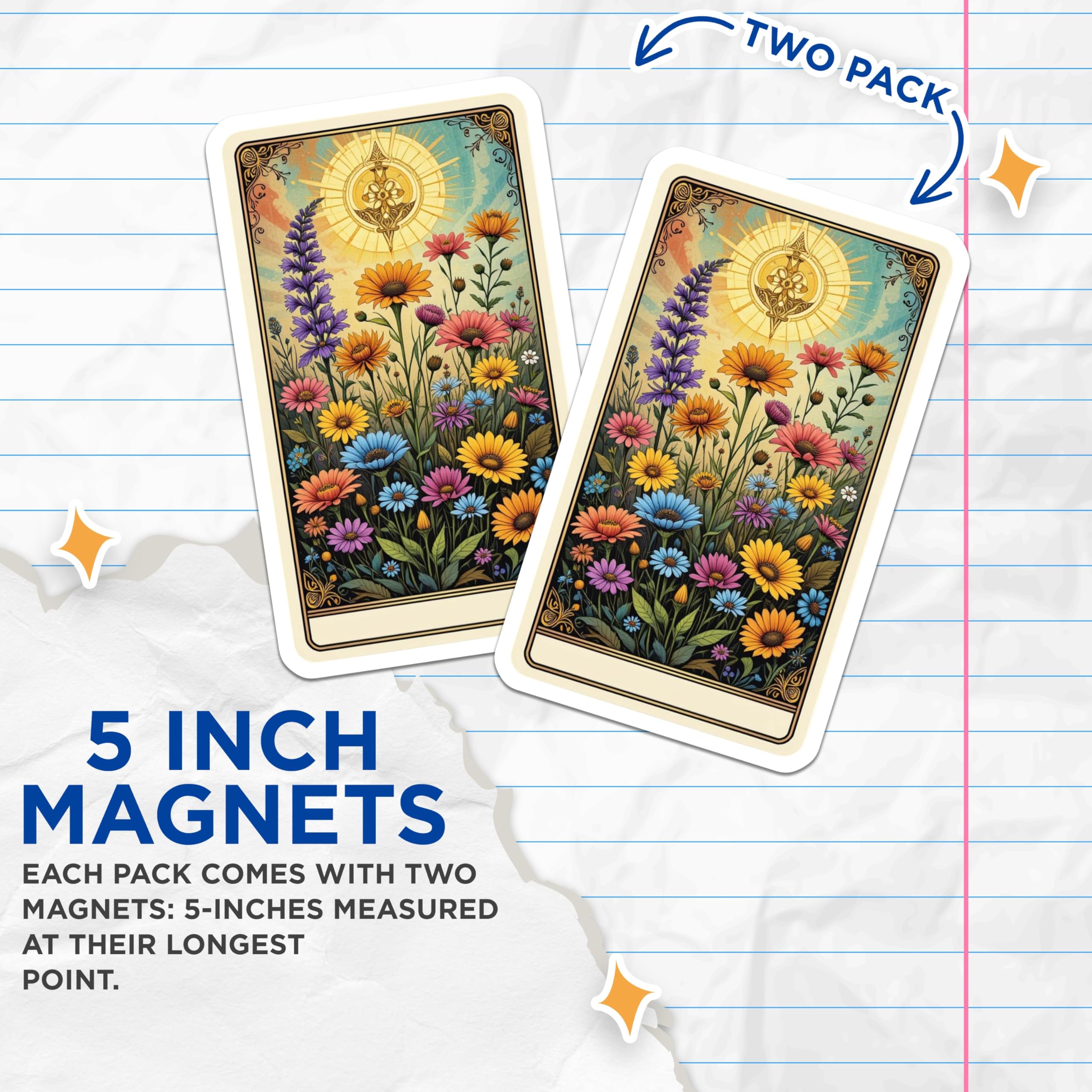 (2 Pack) Vibrant Flower Field Magnets - Bohemian Botanical Garden Art - Spiritual Sunburst Decor - 5 Inches On Longest Side - Thick Durable Magnet - Made in USA - MAG23015