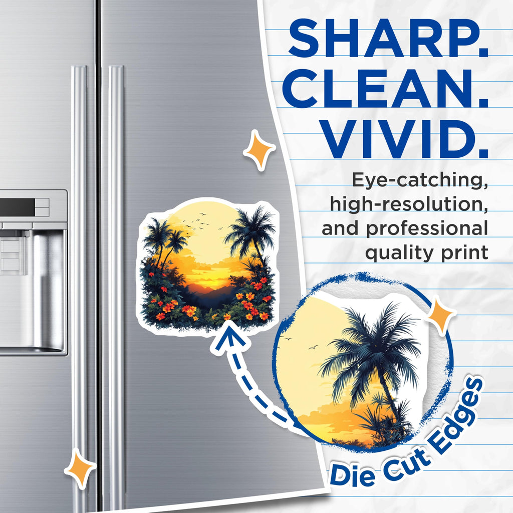(2 Pack) Tropical Sunset Magnets - Palm Tree Beach Landscape - Exotic Island Flowers Birds - Vibrant Horizon Scenery - 5 Inches On Longest Side - Thick Durable Magnet - Made in USA - MAG24568