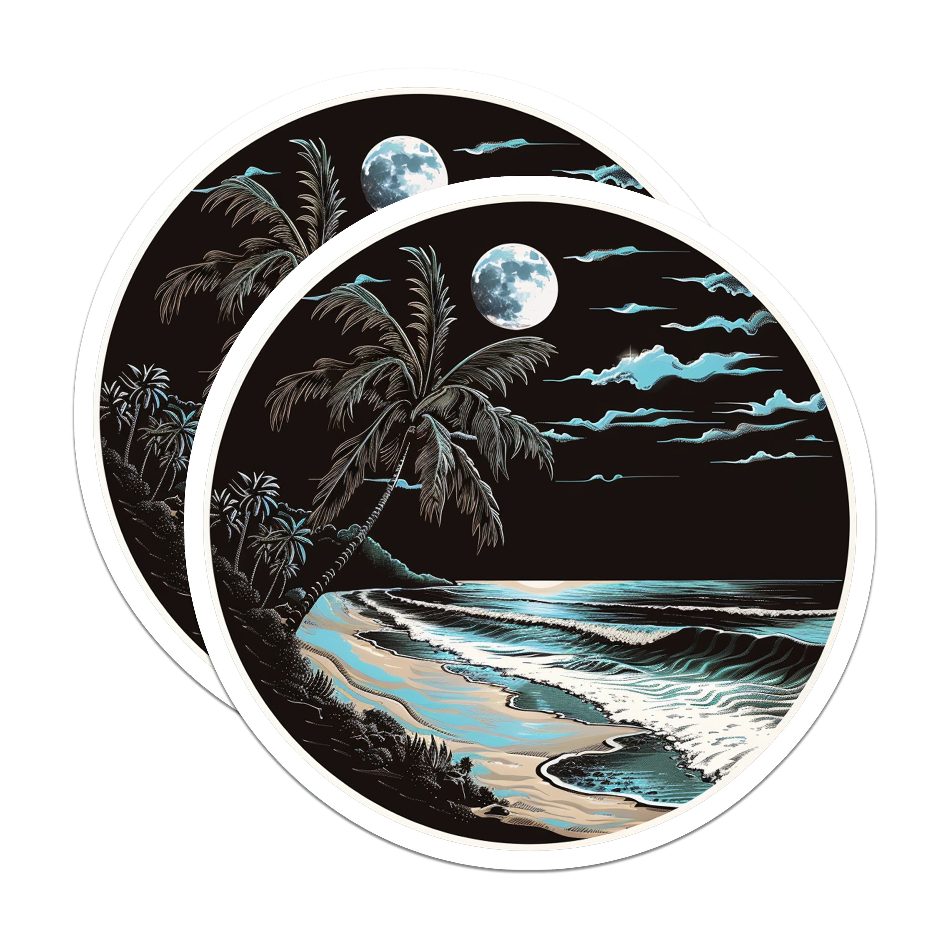 (2 Pack) Moonlit Beach Magnets - Tropical Palm Tree Ocean Scene - Serene Coastal Home Decor - 5 Inches On Longest Side - Thick Durable Magnet - Made in USA - MAG39499