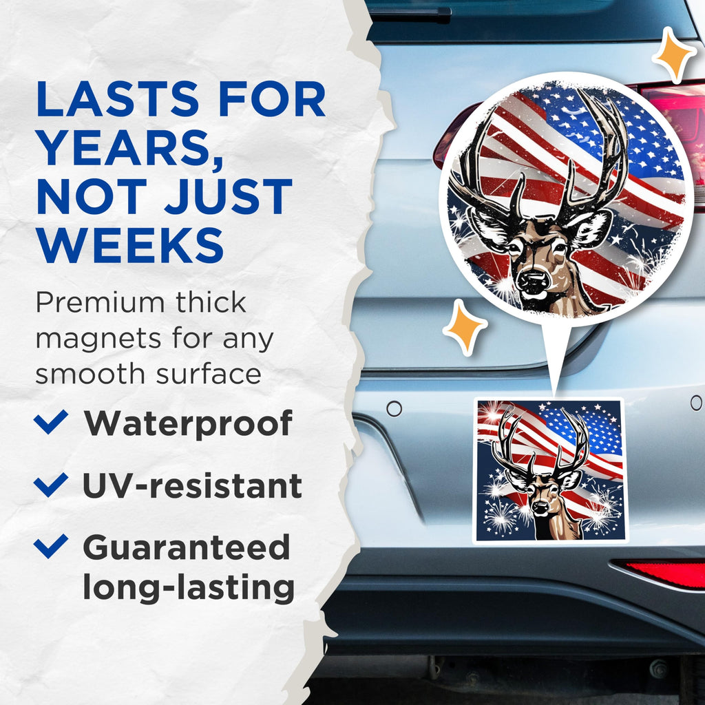 (2 Pack) American Patriotic Deer Magnets - Waving USA Flag Design - Independence Day Celebration - Wildlife Display - 5 Inches On Longest Side - Thick Durable Magnet - Made in USA - MAG19799