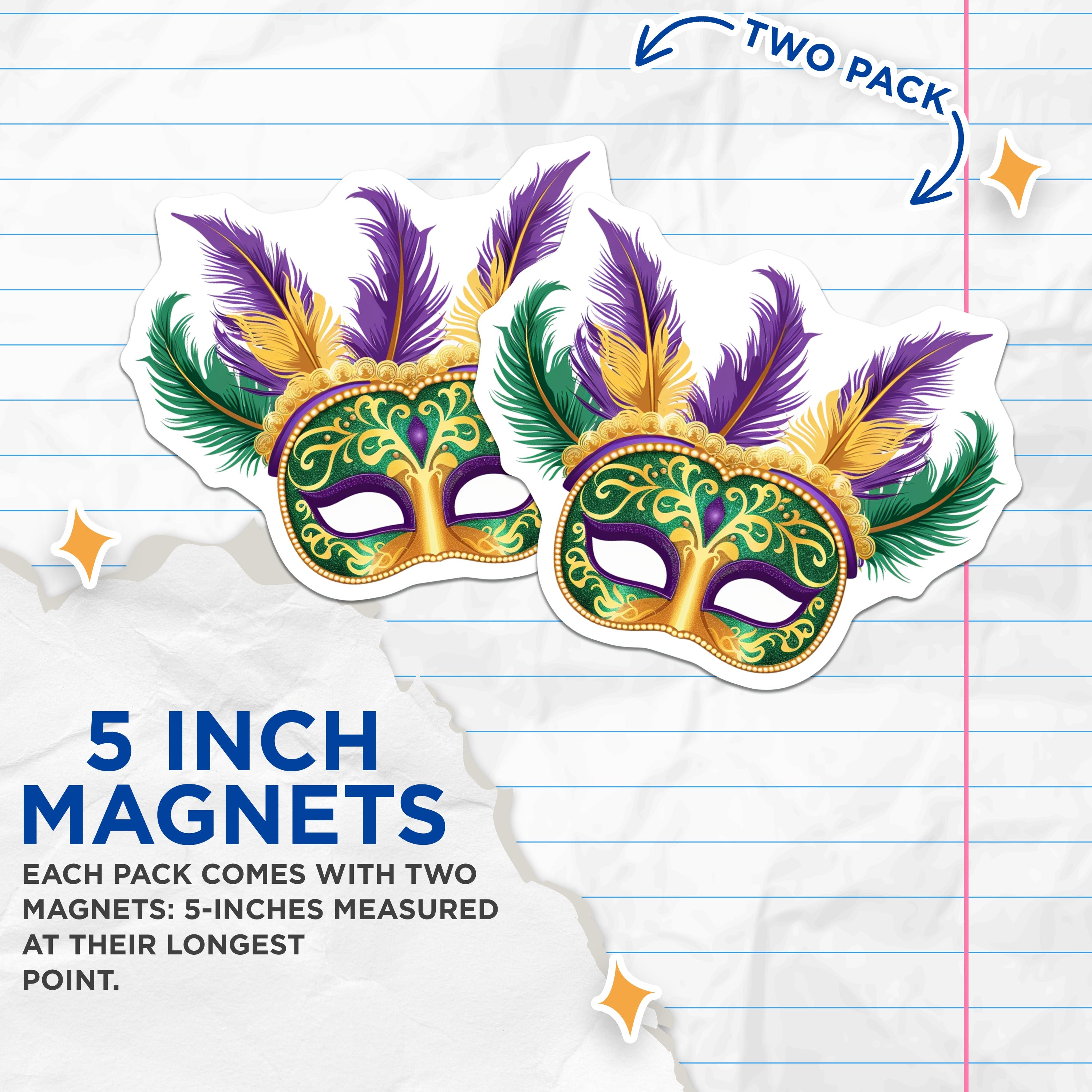 (2 Pack) Mardi Gras Magnets - Masquerade Mask Decor - New Orleans Souvenir - Carnival Party Accessory - 5 Inches On Longest Side - Thick Durable Magnet - Made in USA - MAG36980
