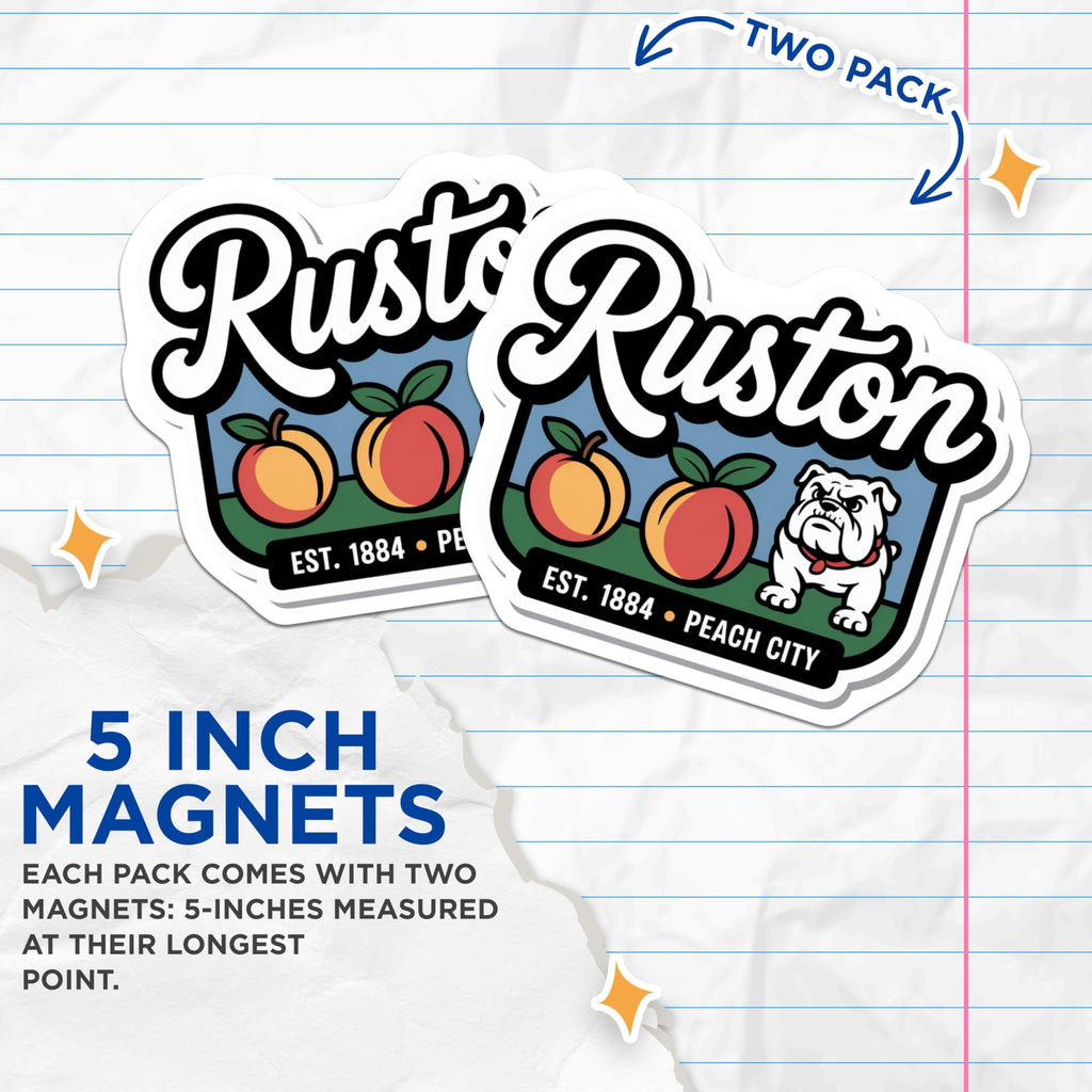 (2 Pack) Ruston Magnets - Peach City - Bulldog Magnets - 5" On Longest Side - Premium Magnet - for Cars, Refrigerators, Toolboxes, Lockers - Made in USA - MAG17684