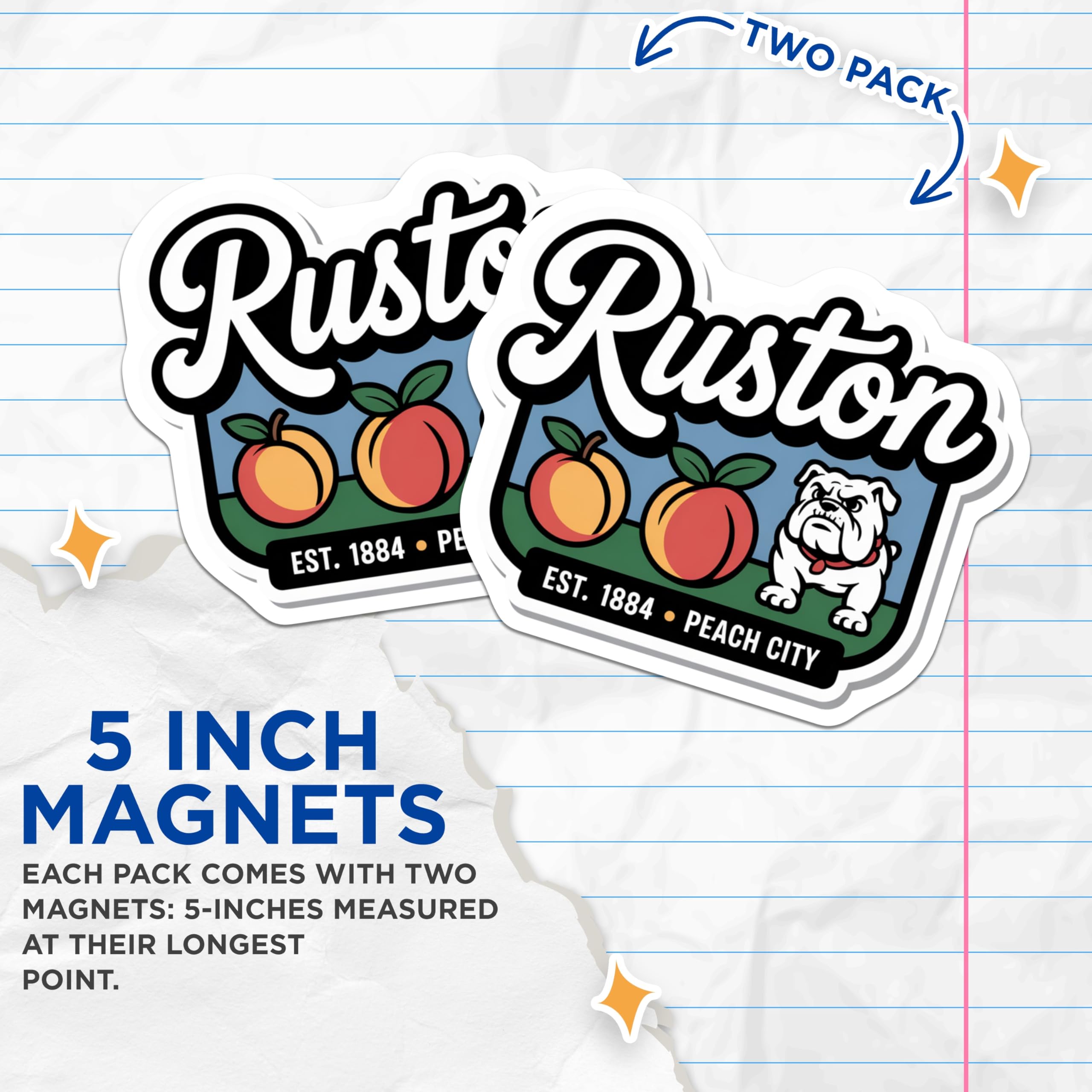 (2 Pack) Ruston Magnets - Peach City - Bulldog Magnets - 5" On Longest Side - Premium Magnet - for Cars, Refrigerators, Toolboxes, Lockers - Made in USA - MAG17684