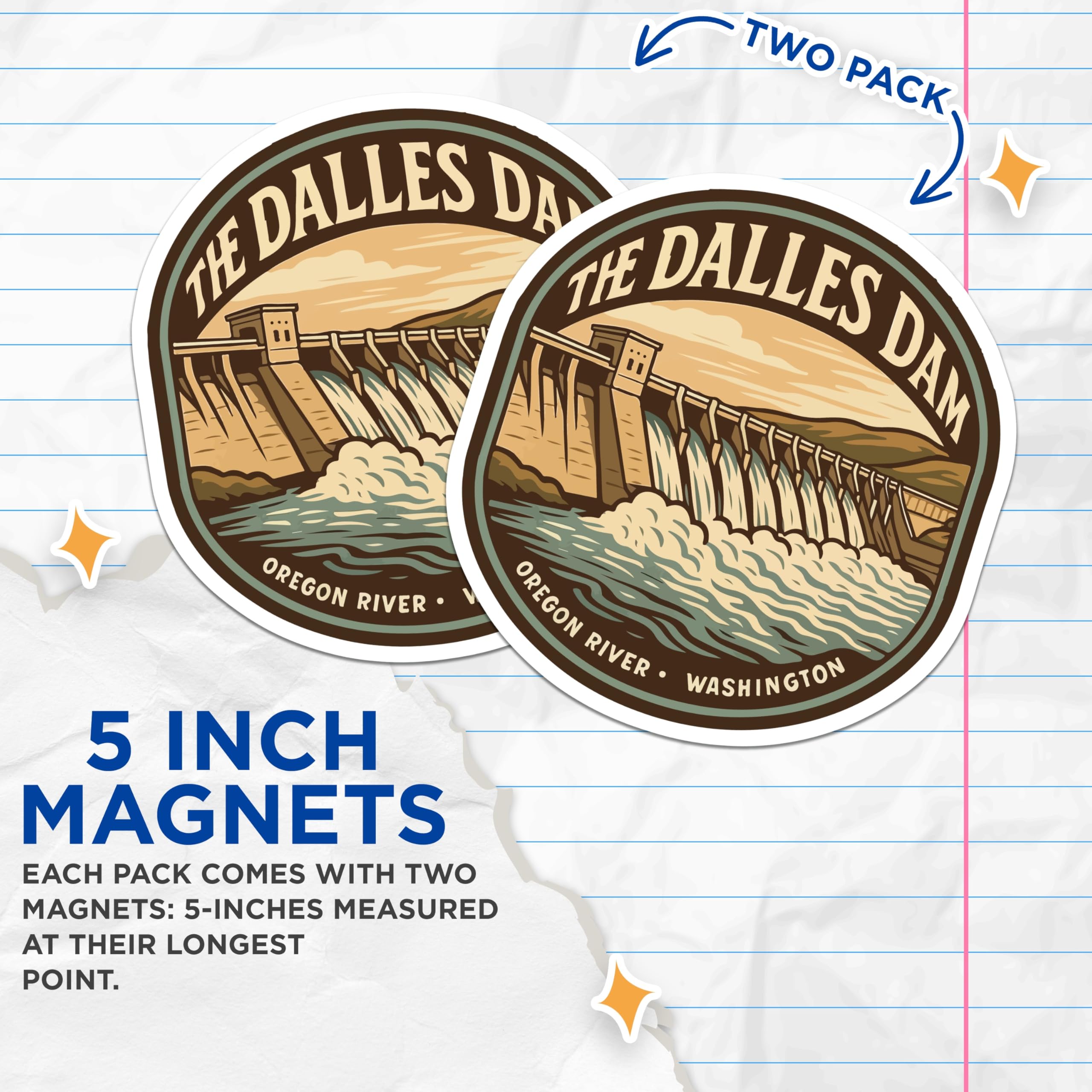 (2 Pack) The Dalles Dam Magnets - Oregon River Washington - Pacific Northwest Travel Landmark - 5 Inches On Longest Side - Thick Durable Magnet - Made in USA - MAG19526