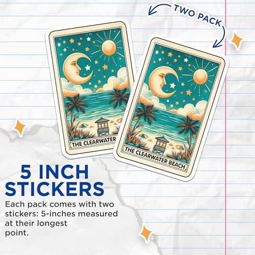 (2 Pack) Clearwater Beach Stickers - Vintage Beach Art - Coastal Decor Aesthetic Stickers - 5" On Longest Side - Sticks to Smooth Flat Surfaces - Made in USA - BMCS9936