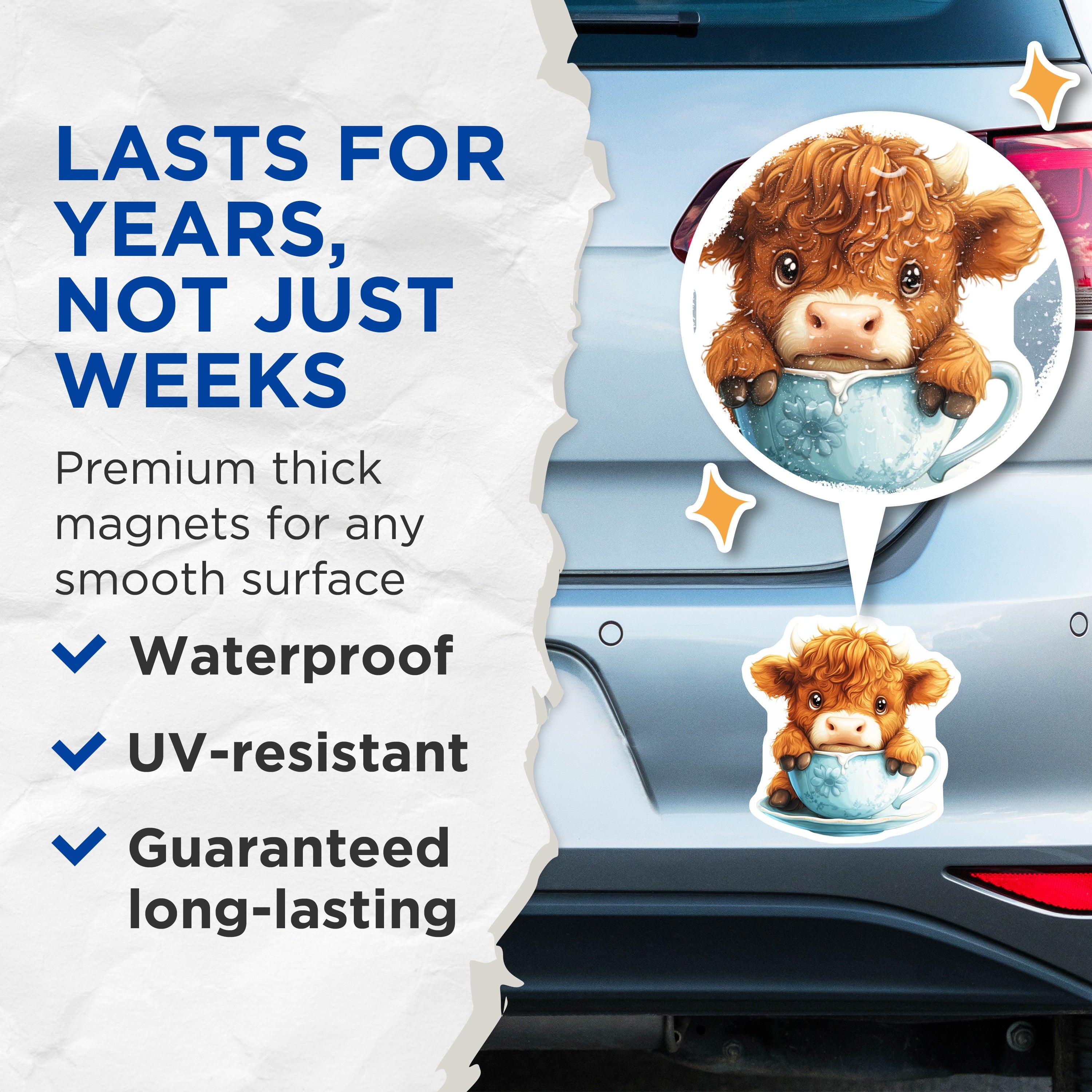(2 Pack) Cute Highland Cow Magnets - Teacup Animal Decor - Farmhouse Refrigerator Accents - 5 Inches On Longest Side - Thick Durable Magnet - Made in USA - MAG39670