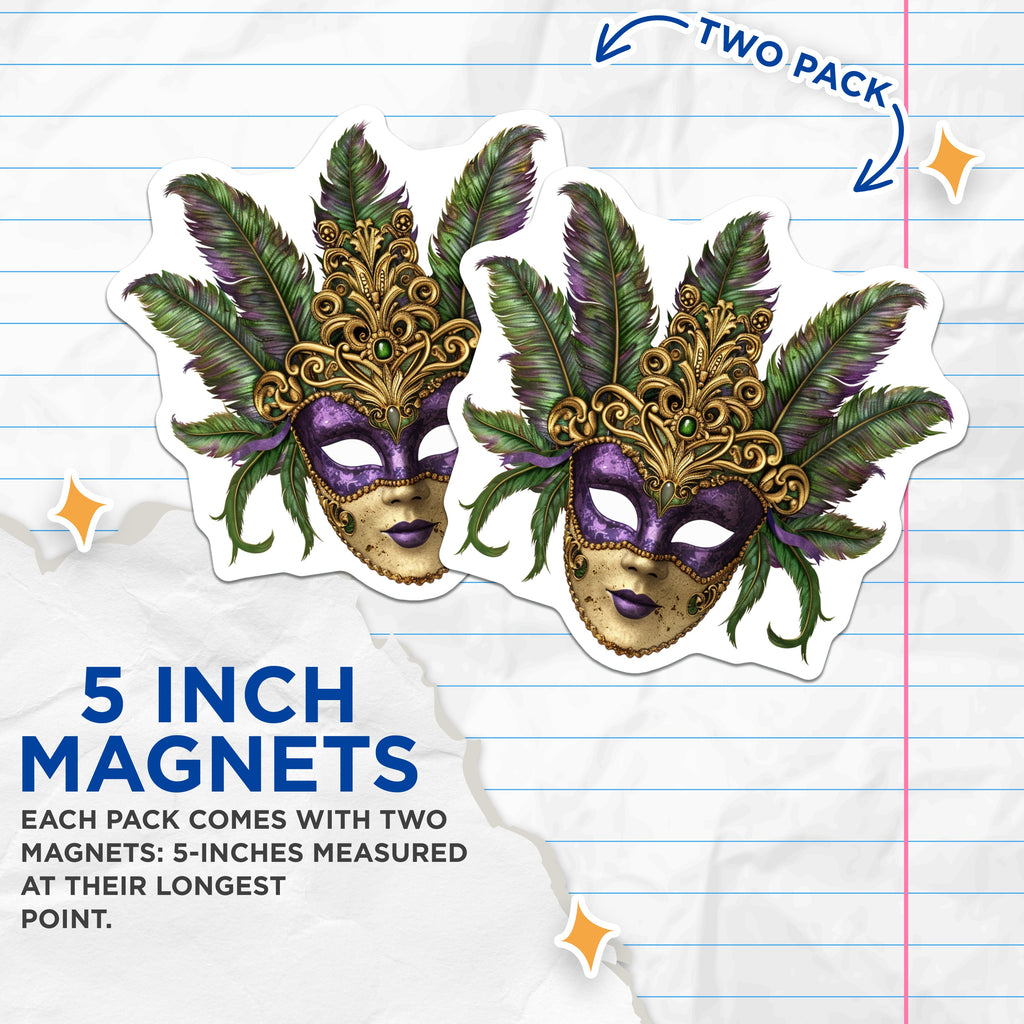 (2 Pack) Mardi Gras Mask Magnets - Carnival Theme Decor - New Orleans Flair - Ornate Masquerade Magnets - Purple Green Gold Accent - 5" - Durable Magnet - Made in USA - MAG37192