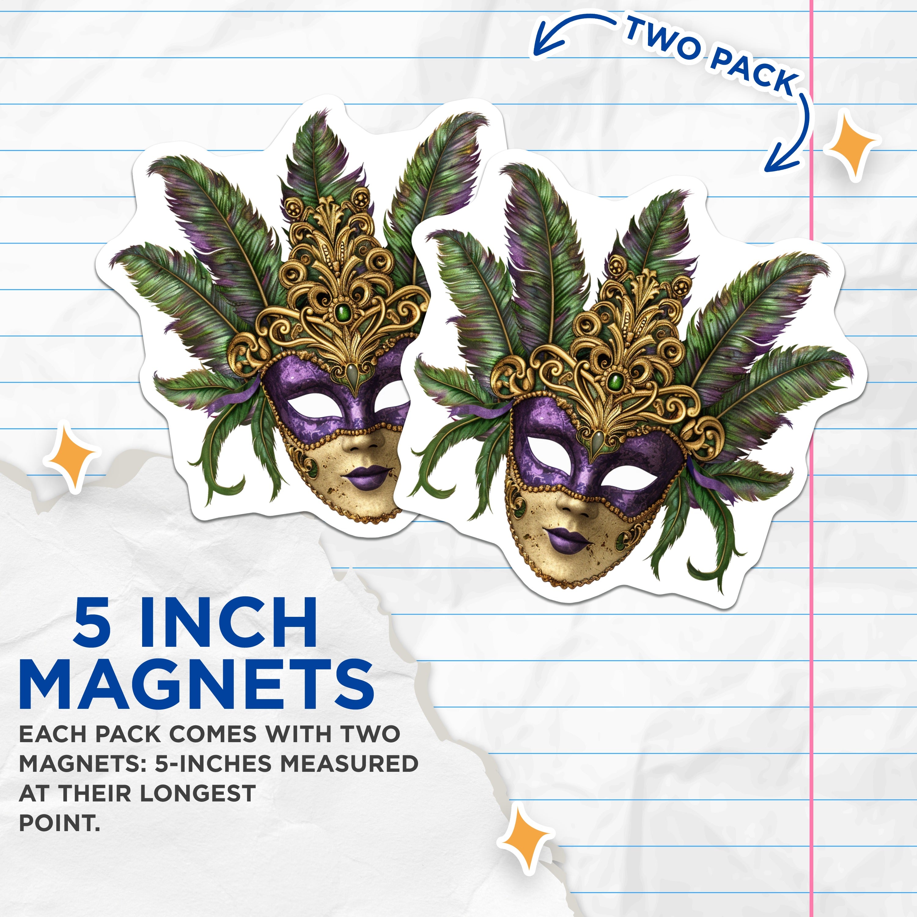 (2 Pack) Mardi Gras Mask Magnets - Carnival Theme Decor - New Orleans Flair - Ornate Masquerade Magnets - Purple Green Gold Accent - 5" - Durable Magnet - Made in USA - MAG37192