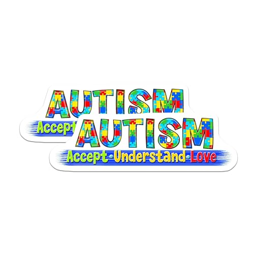 (2 Pack) Autism Stickers - Accept Understand Love Stickers - Autism Awareness Stickers - Colorful Puzzle Piece Stickers - 5" On Longest Side - Sticks to Smooth Flat Surfaces - Made in USA - BMCS6445
